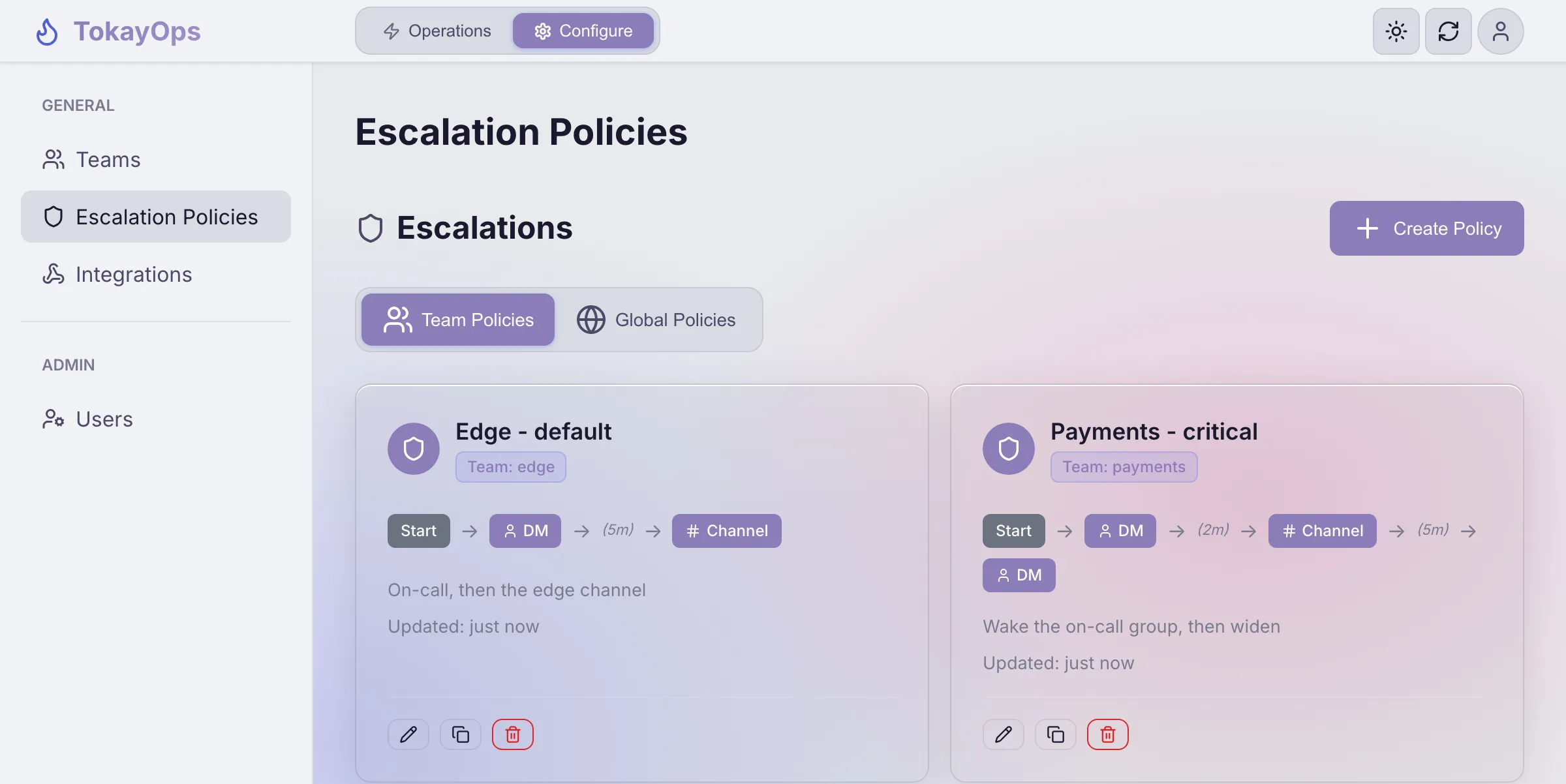 The TokayOps escalation policy list. Each policy is drawn as a chain of steps: the edge policy goes Start, DM, then after five minutes a channel; the payments policy goes Start, DM to the on-call group, after two minutes a channel, after five more a DM to the named backup.