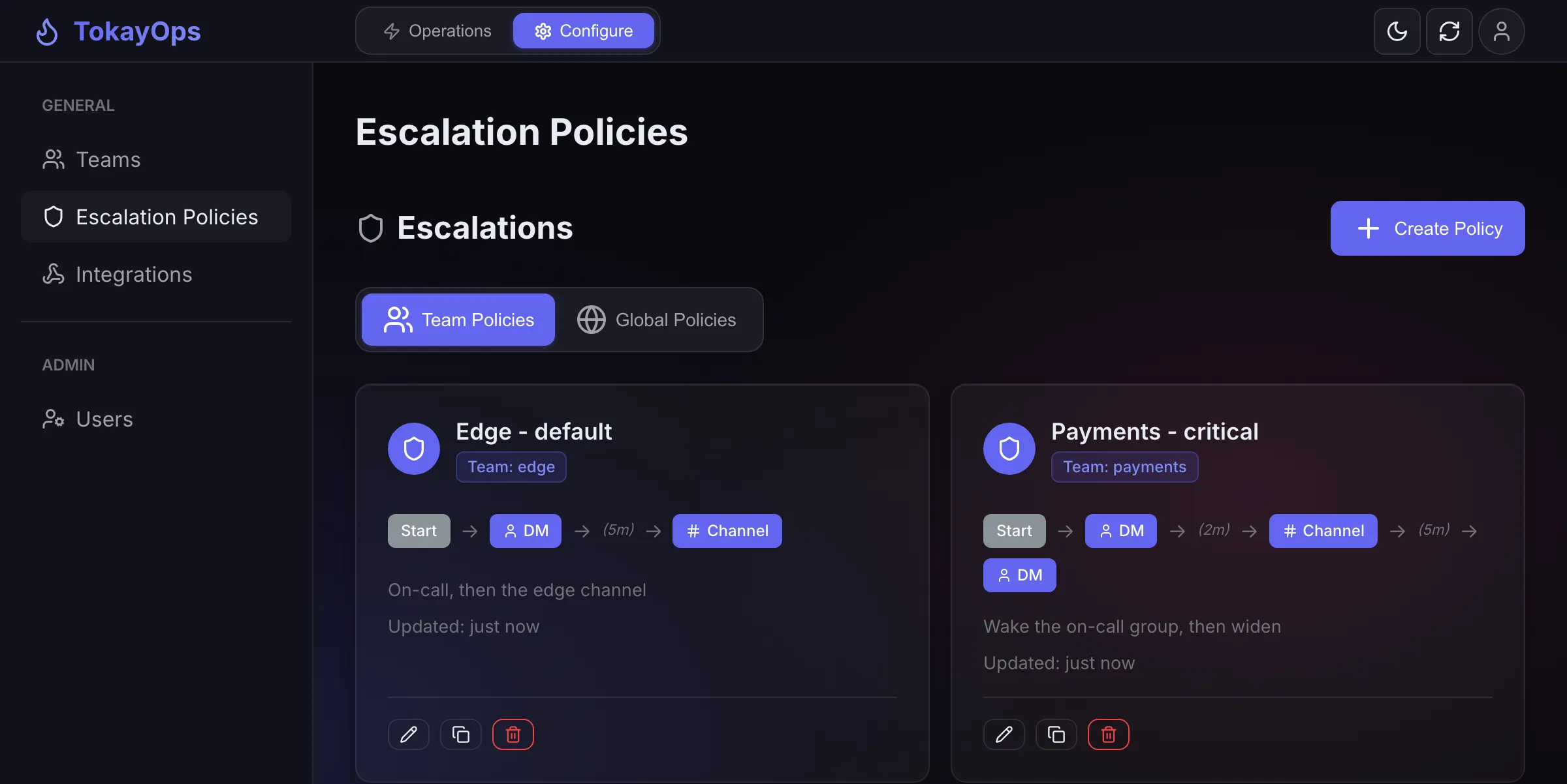 The TokayOps escalation policy list. Each policy is drawn as a chain of steps: the edge policy goes Start, DM, then after five minutes a channel; the payments policy goes Start, DM to the on-call group, after two minutes a channel, after five more a DM to the named backup.